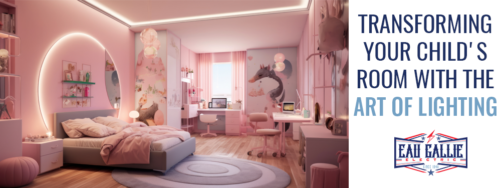 Charming girls' bedroom in modern light pink decor. LED Lighting